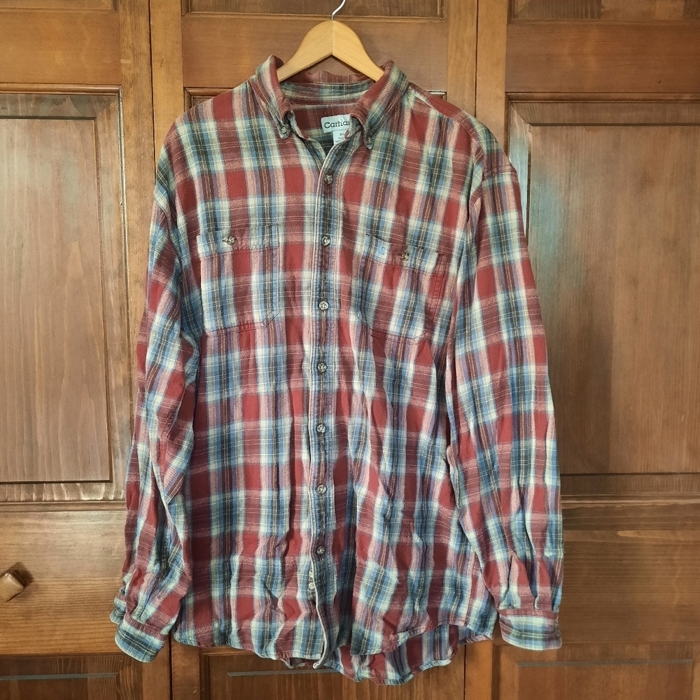 Carhartt Long-sleeve Midweight Plaid Flannel Shirt Red Blue Cotton S217 Size XLT
